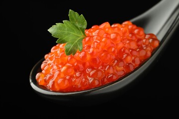 Spoon with delicious red caviar and parsley on black background, closeup