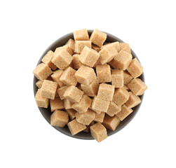 Bowl with cubes of brown sugar isolated on white, top view