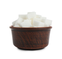 Bowl with cubes of refined sugar isolated on white