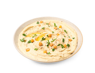 Tasty hummus with garnish in bowl isolated on white