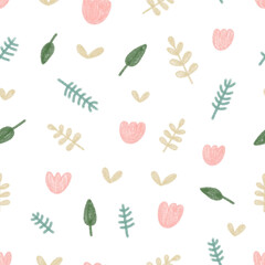 Delicate pastel vector pattern on a white background in Scandinavian style. Cute children's watercolor doodles, twigs, leaves, flowers. Print for kids, textiles, decor, postcards, wrappers, interior