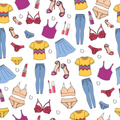 Seamless pattern with female fashion things background