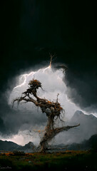 Toter abgestorbener Baum mit Gewitterwolken und Blitzen im Hintergrund - Fantasy Illustration - obrazy, fototapety, plakaty