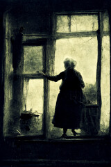 Alter Frau steht am Fenster und schaut hinaus, sehr altes Foto - Thema Einsamkeit oder alt werden