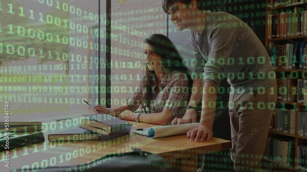 Poster animation of binary code over caucasian students learning in library