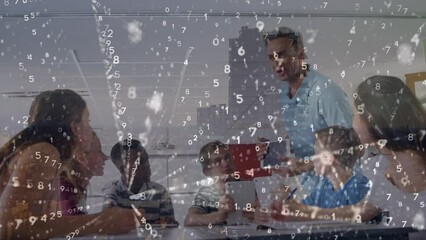 Animation of binary coding over caucasian male teacher teaching group of diverse students at school - Powered by Adobe