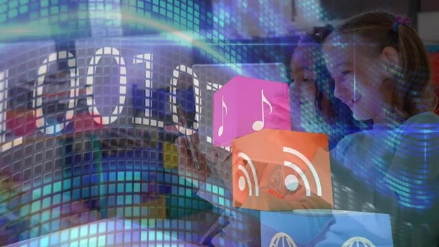Animation of digital icons and binary coding over diverse girls using digital tablet at school