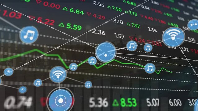 Animation of network of connections with icons over binary code