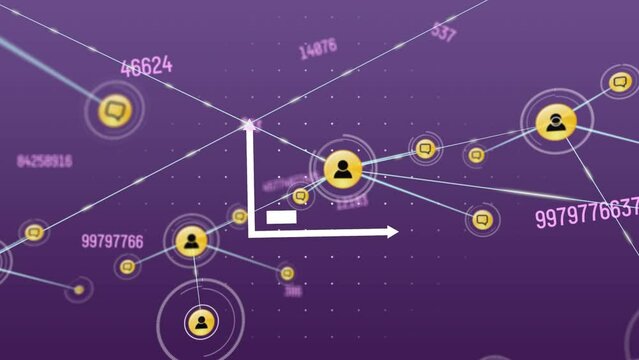 Animation of connections over financial data and graphs on violet background