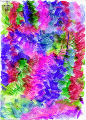 Abstract drawing with wax crayons. Colorful multicolored chaotic brushstrokes. Background or texture for the template