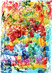 Abstract drawing with wax crayons. Colorful multicolored chaotic brushstrokes. Background or texture for the template