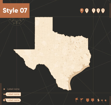 Texas, USA - Map In Vintage Style, Retro Style, Sepia, Vintage. Vector Map.