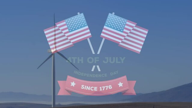 Animation of 4th july over flags of usa and wind turbine