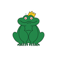 King frog in cartoon style on white background. Funny illustration.