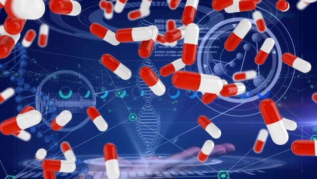 Animation of pills, dna and scientific data on blue background
