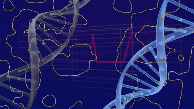 Animation of shapes and dna on blue background