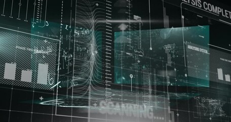 Animation of graphs, data and math formulas on black digital screen - Powered by Adobe