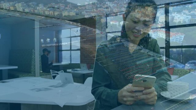 Animation of data processing over asian businesswoman using smartpjhone and cityscape
