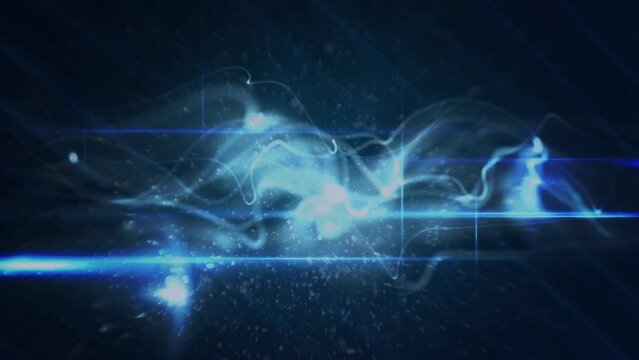 Animation of glowing light trails connections over blue smoke on dark background