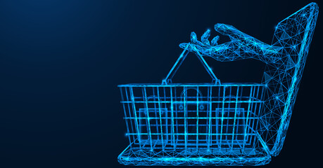 Online shopping. A hand with a shopping basket passes the ordered goods through a laptop monitor. Low-poly design of interconnected lines and dots. Blue background.