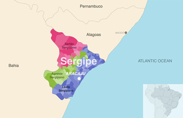 Brazil state Sergipe administrative map showing municipalities colored by state regions (mesoregions)