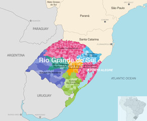 Brazil state Rio Grande do Sul administrative map showing municipalities colored by state regions (mesoregions)