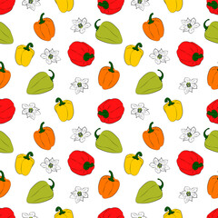 A set of seamless backgrounds with sweet peppers, leaves and flowers. Vector graphics