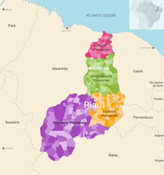 Brazil state Piaui administrative map showing municipalities colored by state regions (mesoregions)