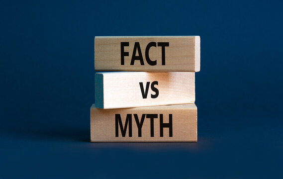 Fact vs myth symbol. Concept words Fact vs myth on wooden blocks on a beautiful grey table grey background. Business, finacial and fact vs myth concept. Copy space.