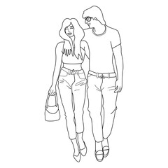 Walking couple in linear style. Colouring page. Man and woman walking together arms around each other. Romantic date stroll.