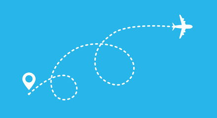 Airplane line path route vector illustration. Travel vector icon with start point and dash line