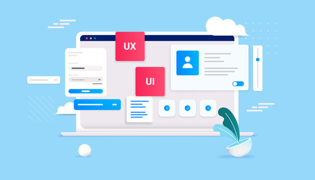 Ux and Ui development - Laptop computer with web design elements in decorative vector illustration