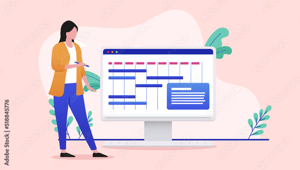 Leinwandbilder project manager - female person working on managing projects on computer screen. flat design vector 