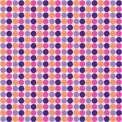 Circles seamless in pink, orange and violet. Rough texture. Abstract pattern can be used for website landing page, textile print, wallpaper, poster, placard, banner, cover, wrapping paper, decoration