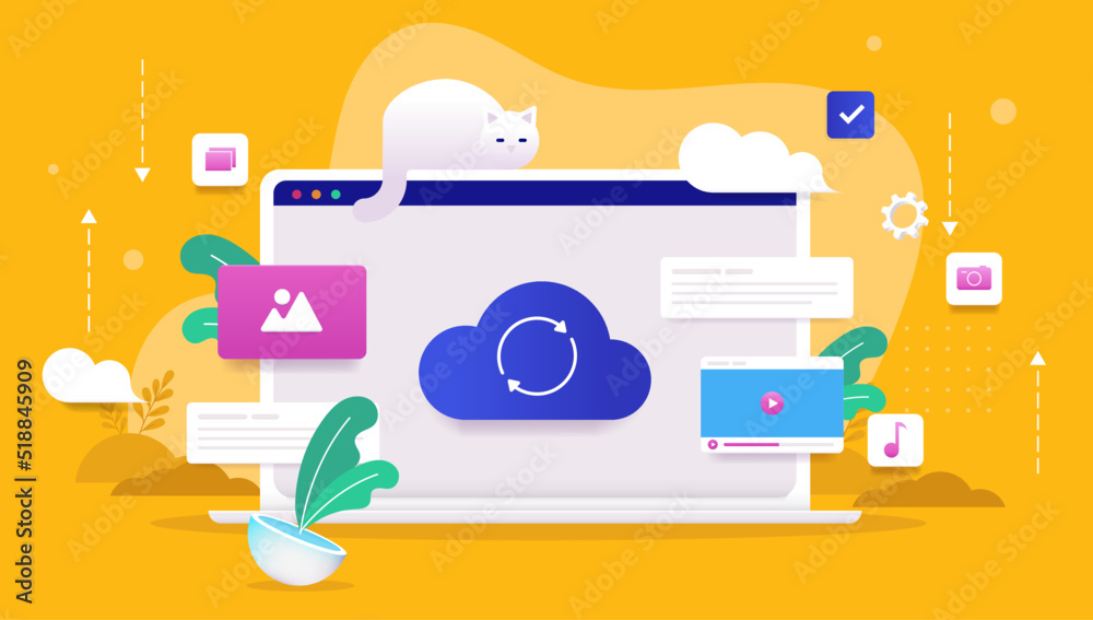 Poster Computer using cloud service - Laptop synching media and files to the cloud, vector illustration