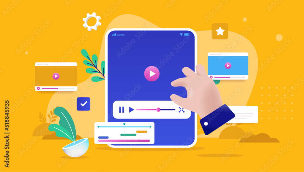 Aufkleber Video editing app on tablet device - Vector illustration of hand working to edit movie in application on the screen