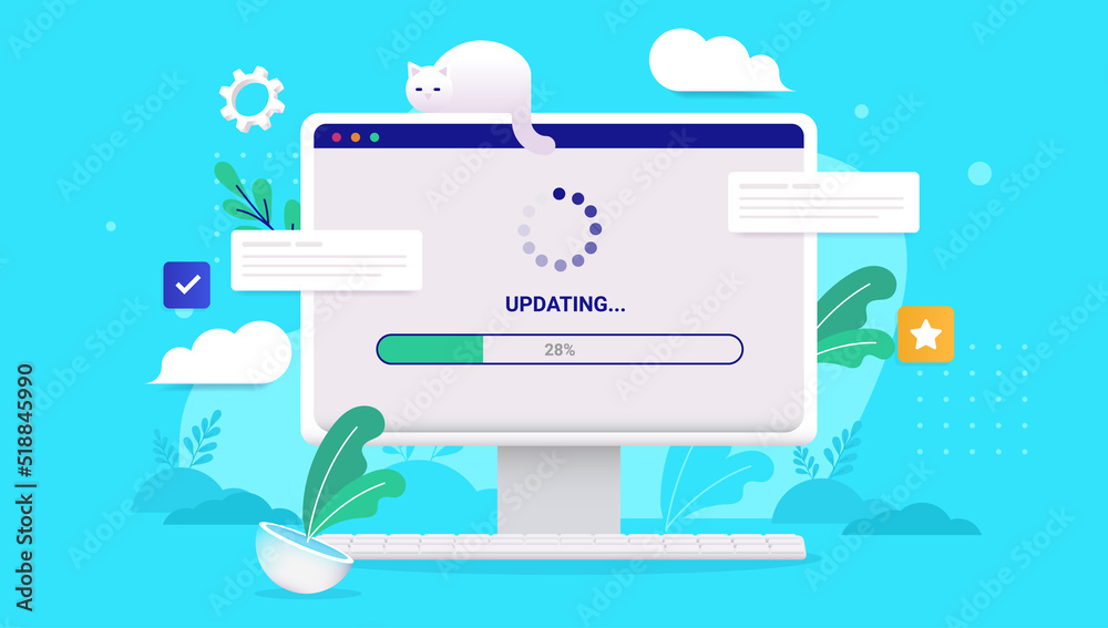 Aufkleber Computer update - Desktop PC screen with load bar and loading wheel waiting to be updated. Vector illustration