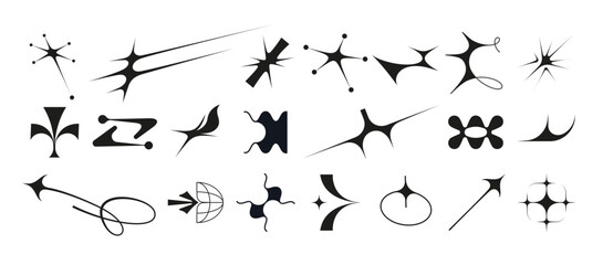 Set of vector icons of acid flare shapes and arrows. supernova explosion space figures in Y2k korean style