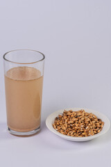 toasted corn bowl and toasted corn drink on white table