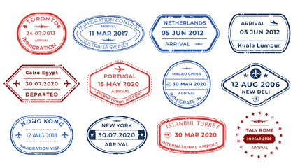 Passport stamps visa arrival deportation and visiting countries. Traveler set of stickers with aged ink outline textures. Vector illustration