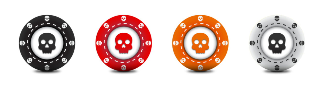 A set of colorful poker chips with a skull sign on them. Casino chips with death symbol. Flat vector illustration.
