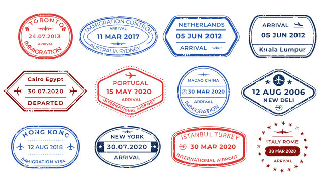 Passport stamps visa arrival deportation and visiting countries. Traveler set of stickers with aged ink outline textures. Vector illustration