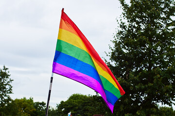 Developing LGBTQ flag against the sky and trees