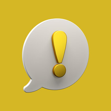 Chat bubble icon with gold exclamation point alert mark isolated on background. 3d illustration render.