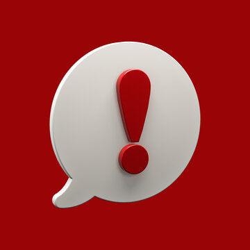 Chat bubble icon with red exclamation point alert mark isolated on background. 3d illustration render.