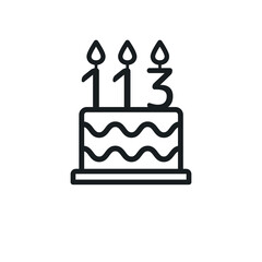 Birthday cake line icon with candle number 113 (one hundred and thirteen). Vector.