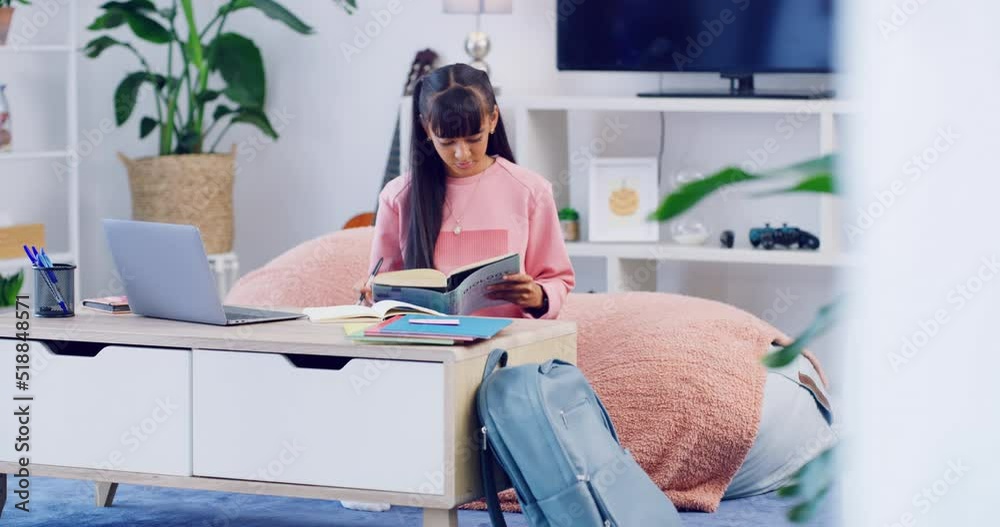 Poster young student studying at home for an exam or test. clever and smart high school teen girl reading a