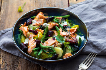 Potato, roast beetroots, green beans and salmon salad