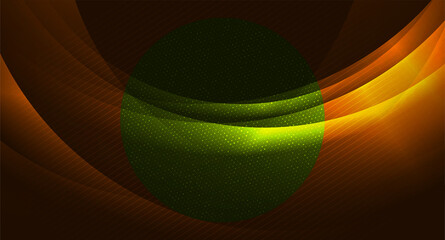 Abstract orange wavy shiny background with lines, dots and green circle. Vector glowing design