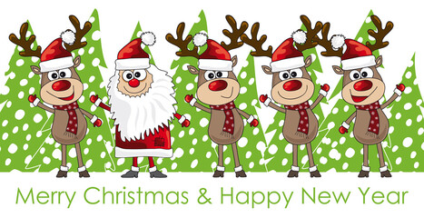 Cartoon Weihnachtskarte mit fröhlichen Rentieren und Weihnachtsmann in Schneelandschaft mit grünen Tannenbäumen